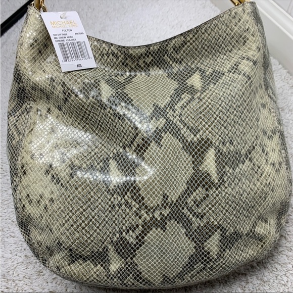 NWT MICHAEL MICHAEL KORS 'Fulton' Embossed Chain Angora Beige Grey Python Purse - Picture 12 of 12